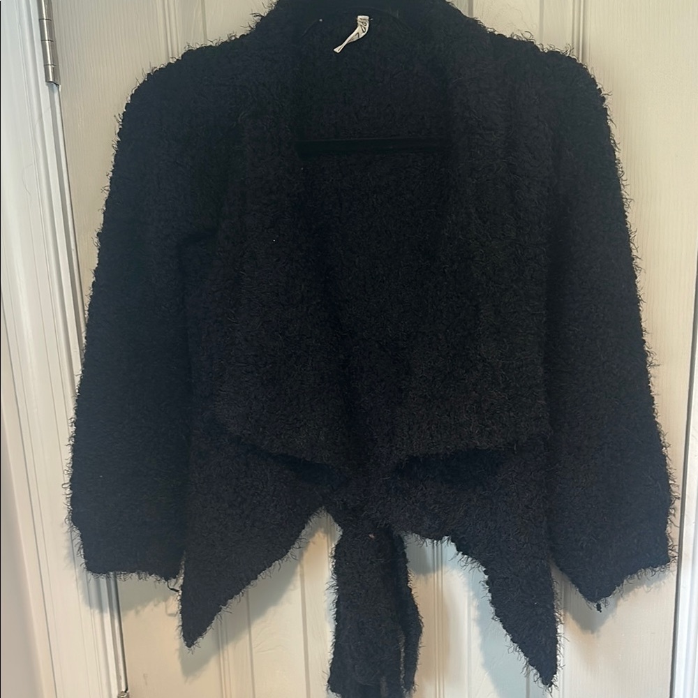 POL Black Fuzzy Open Cardigan Sweater with Belt Tie Small